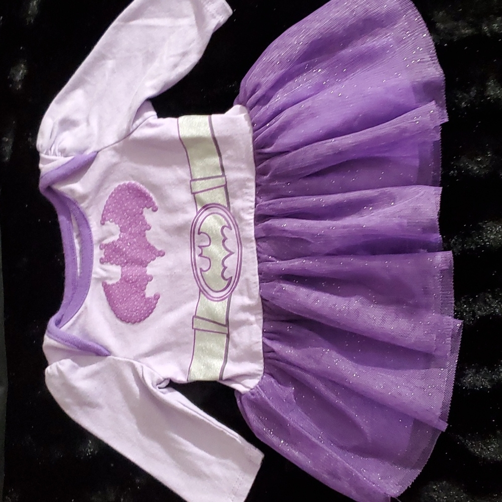 BATMAN DC Comics Girl's Purple Long-Sleeve Dress-Sparkly Skirt-Logo/Belt-Sz 0/3m